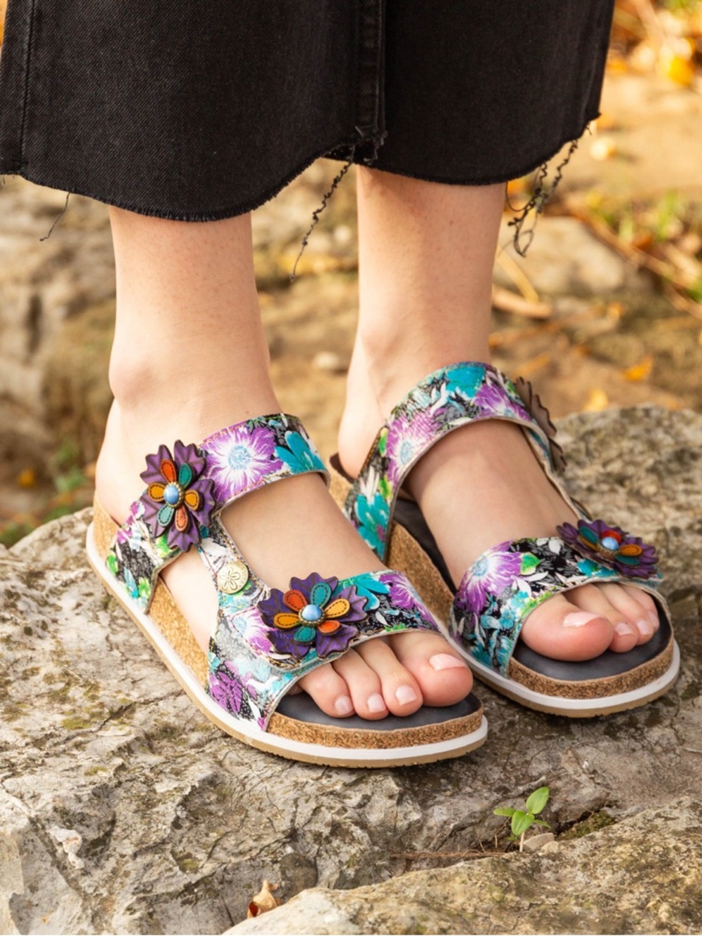 Laura Vita France Floral Multi-Color Women's Cork Velcro Slide Sandals
